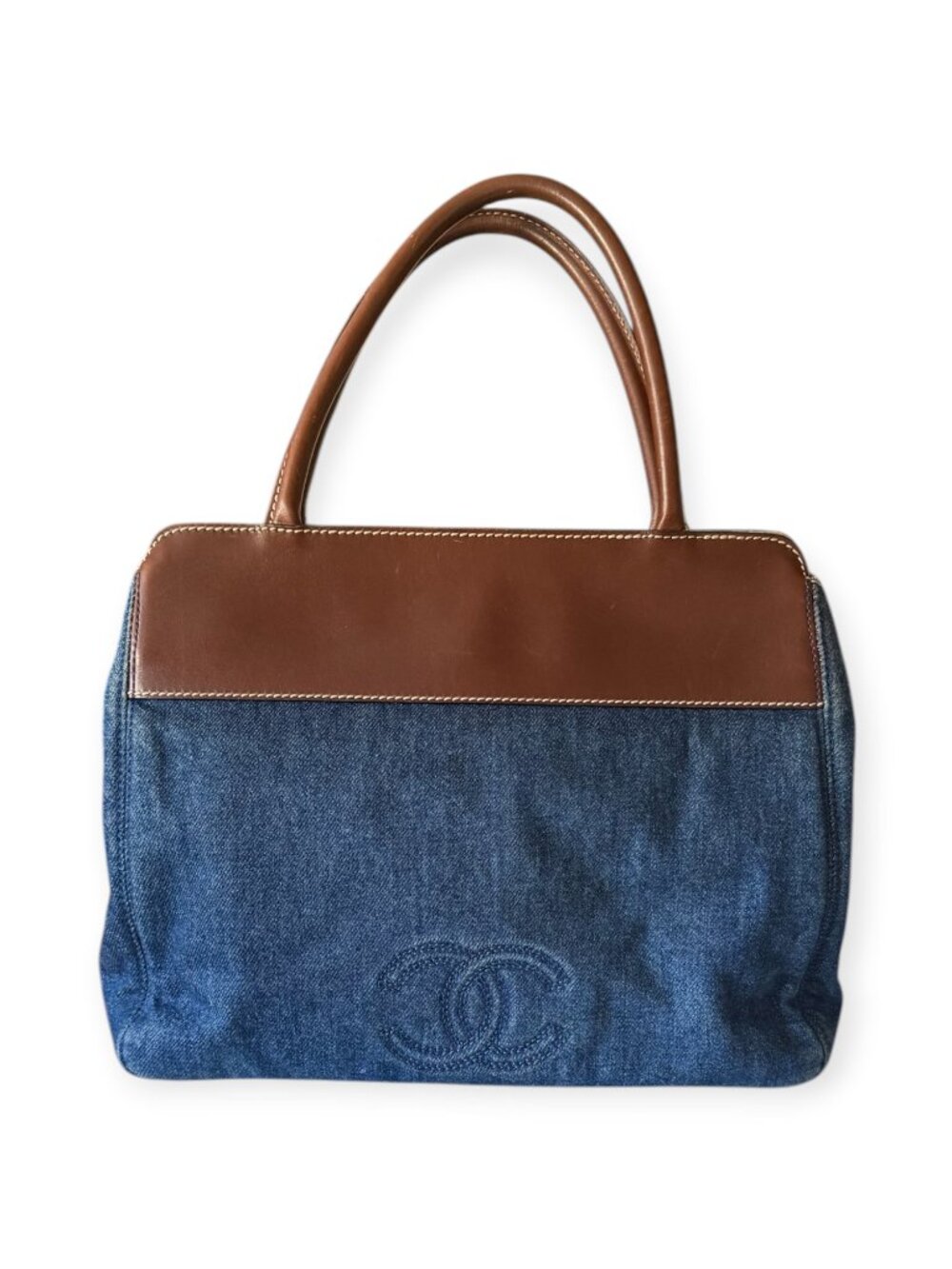 Vintage Chanel Blue Denim CC Logo Tote Bag | Brown Leather Trim - Picture 2 of 8